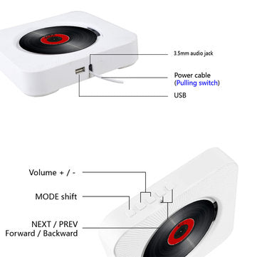 KC-808 Wall Mounted Bluetooth CD Player Portable Home Audio Box with Remote Control FM Radio Built-i