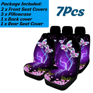 Universal Car Seat Covers Purple Butterfly Front & Rear Seat Covers Protection (QUANTITY: 7PCS)