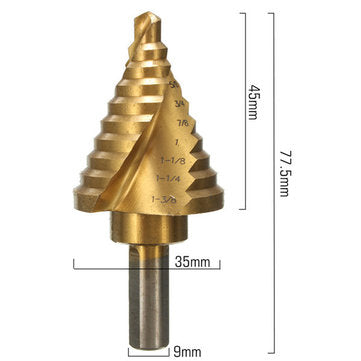 1/4 Inch to 1-3/8 Inch Titanium Coated Step Drill Bit 9mm Round Shank