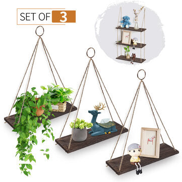 Wooden Floating Shelf Wall Hanging Display Rack Storage Rope Shelves Home Decora... (QUANTITY: 3PCS)
