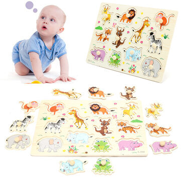 Wooden Animal Early Education Puzzle Toy Preschool Teaching Tool with Small Rounded Handle Easily Gr