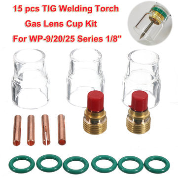 15Pcs TIG Welding Torch Gas Lens #12 Cup Kit for WP-9/20/25 Series 1/8inch