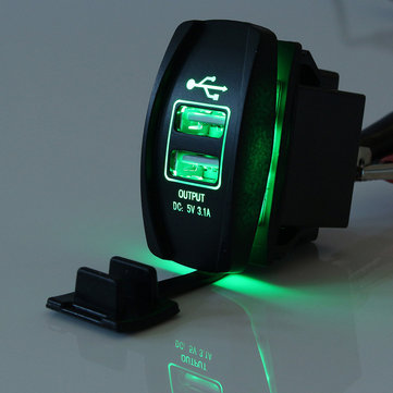 12V~24V Green LED Backlit Car Boat Dual USB Charger 5V 3.1A Output Rocker Switch