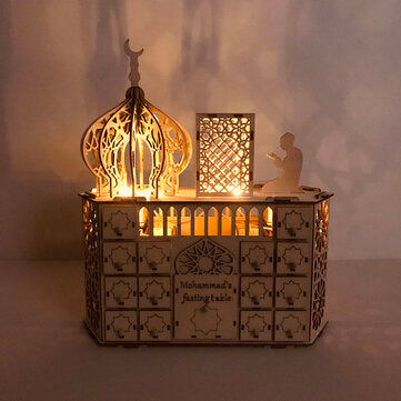 Wooden Mubarak Ramadan Advent Calendar 30 Day House Drawer LED Decor