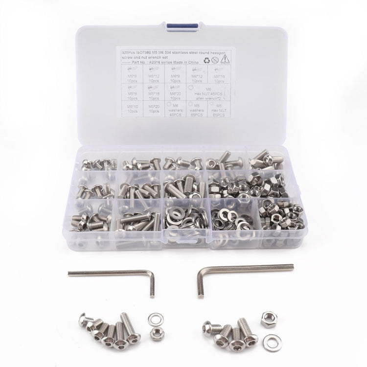 320 PCS 304 Stainless Steel Screws and Nuts M5 M6 Hex Socket Head Cap Screws Gasket Wrench Assort...