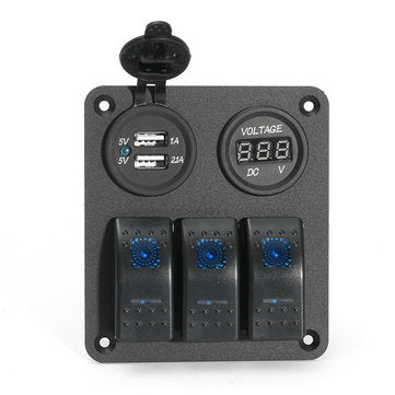 LED Rocker Switch Panel Dual USB Charger Power Socket Voltmeter Marine Boat RV (COLOR.: GREEN)