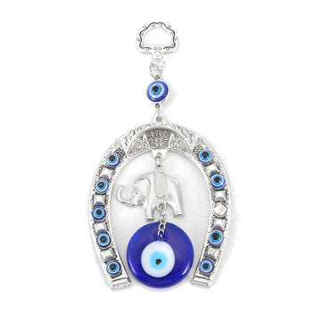 Turkish Blue Evil Eye Horseshoe with Elephant and Ribbon Wall Hanging Decorations