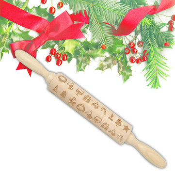 JM01687 Wooden Christmas Embossed Rolling Pin Dough Stick Baking Pastry Tool New Year Christmas Deco