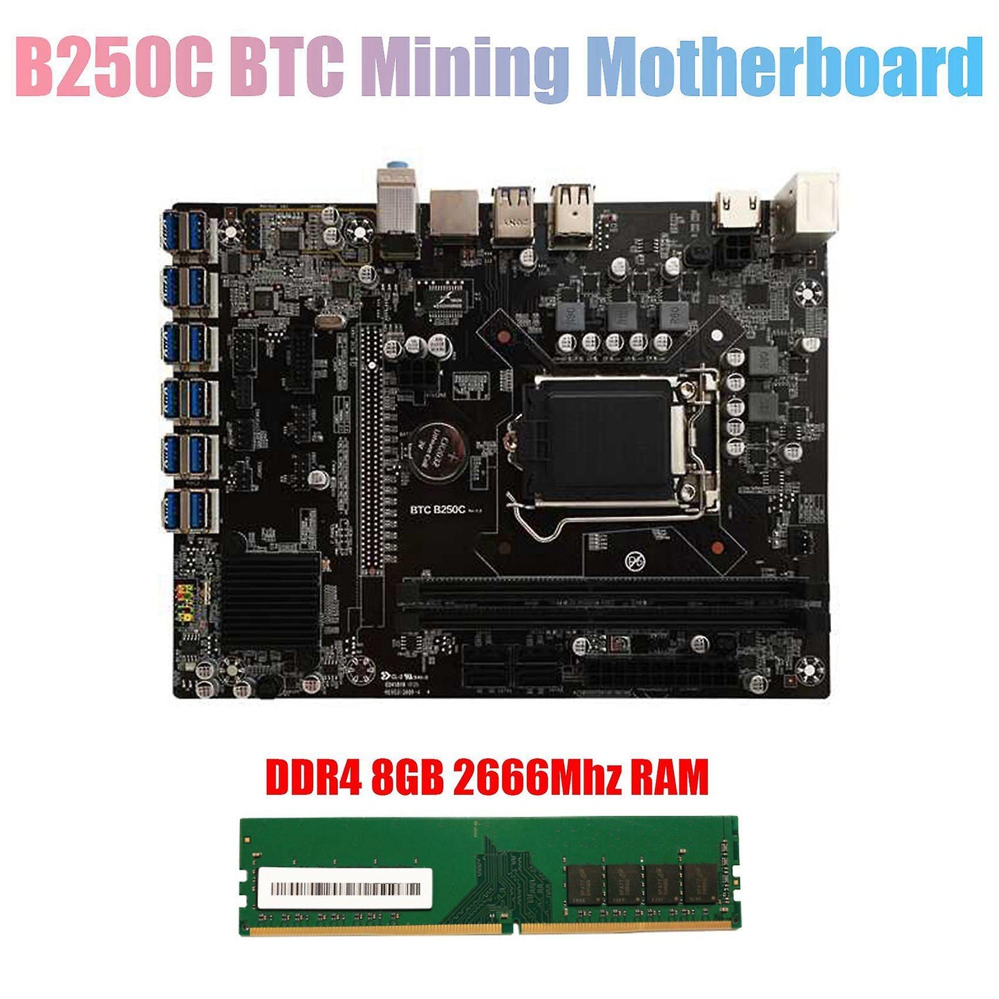 B250c Btc Mining Motherboard+ddr4 8g 2666mhz Ram 12xpcie to Usb3.0