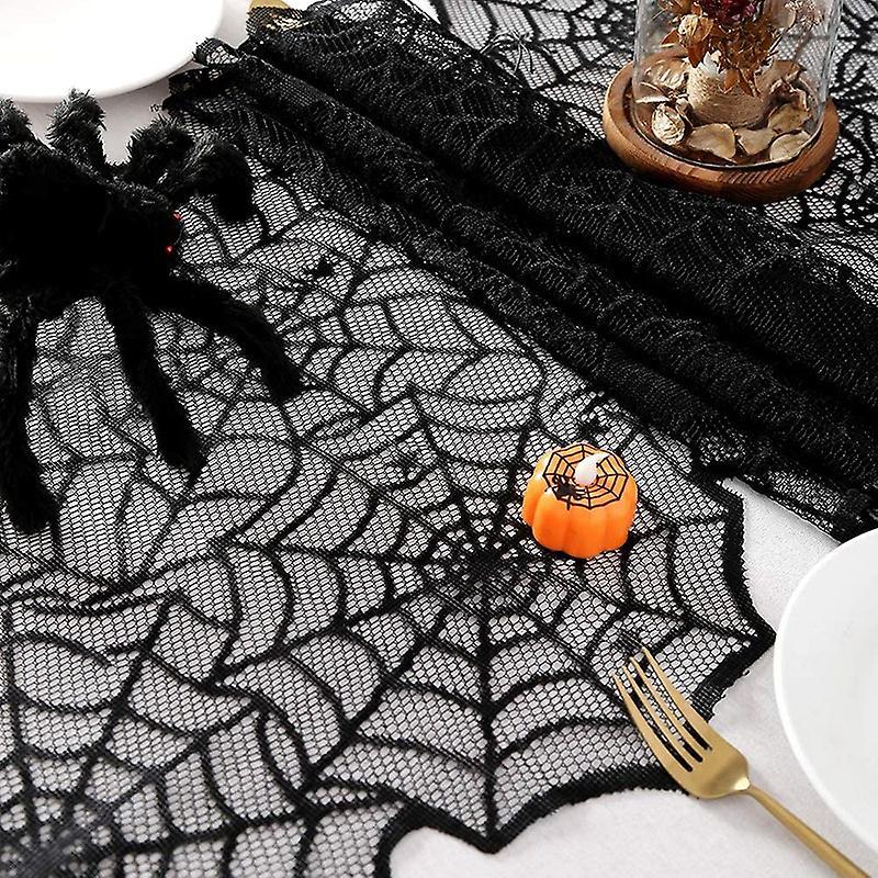 2pcs Halloween Table Runner Lace Black Spider Web Linens Polyester
