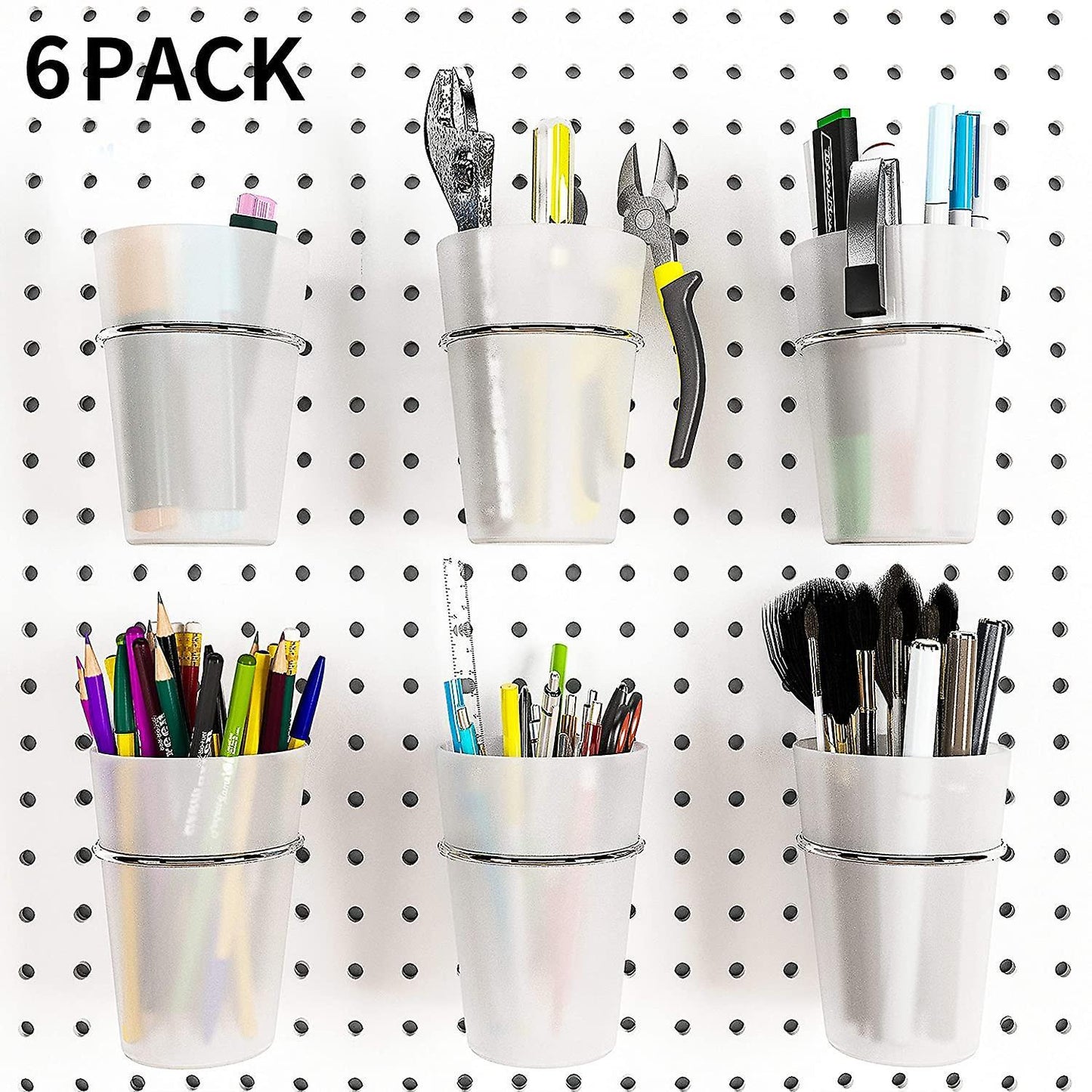 6 Sets Pegboard Bins with Rings Hooks with Pegboard Cups Transparent