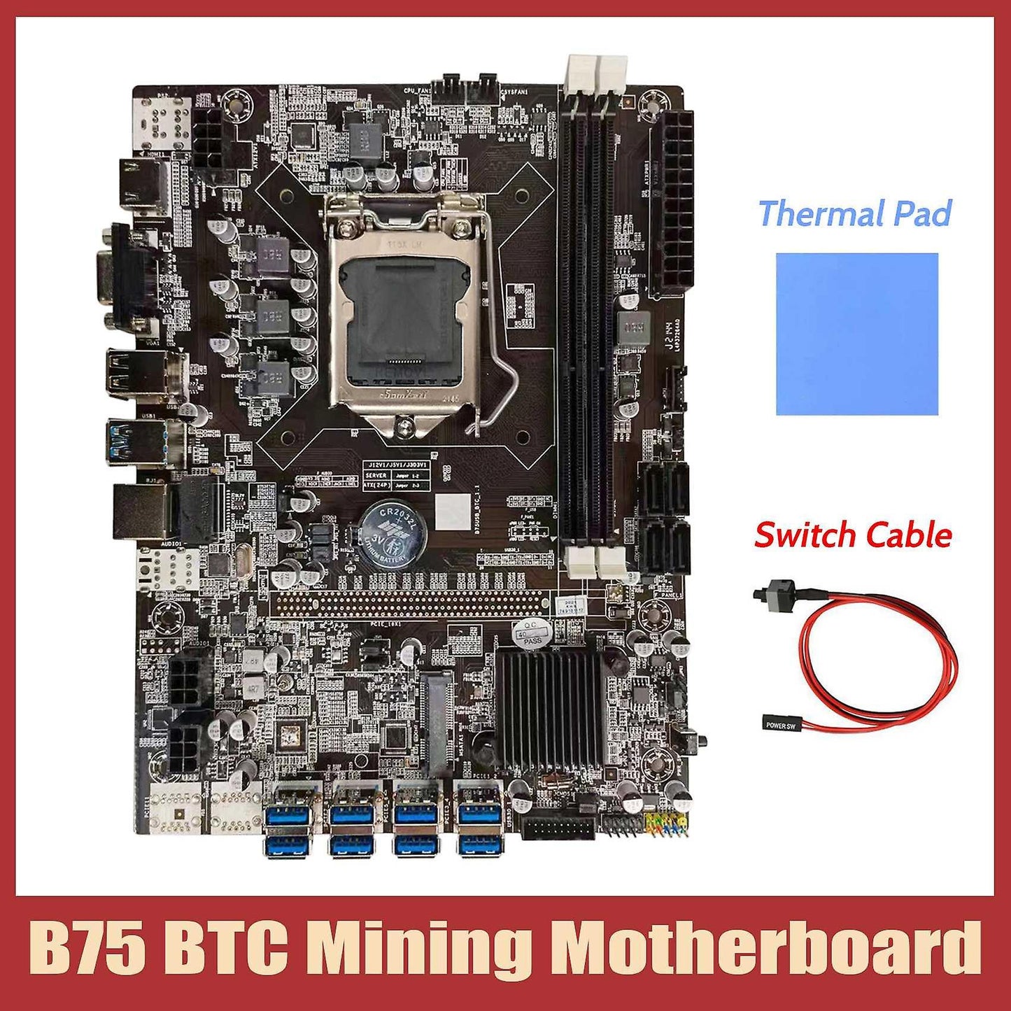 B75 Btc Motherboard+thermal Pad+switch Cable Lga1155 8xpcie to Usb
