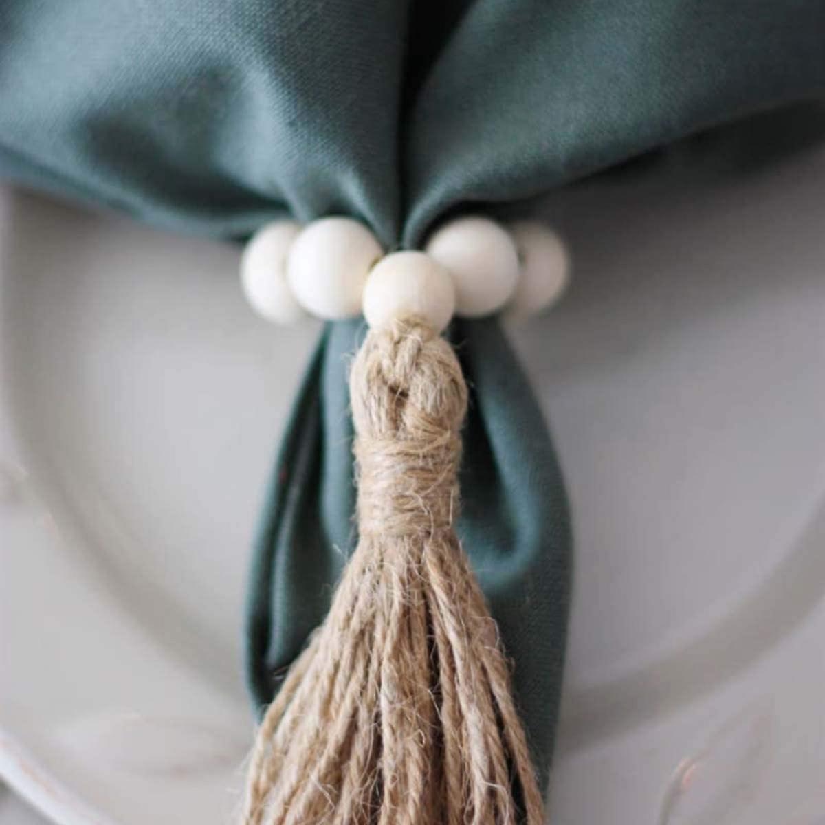 8pcs Tassels Wooden Bead Handmade Napkin Buckles Farmhouse White