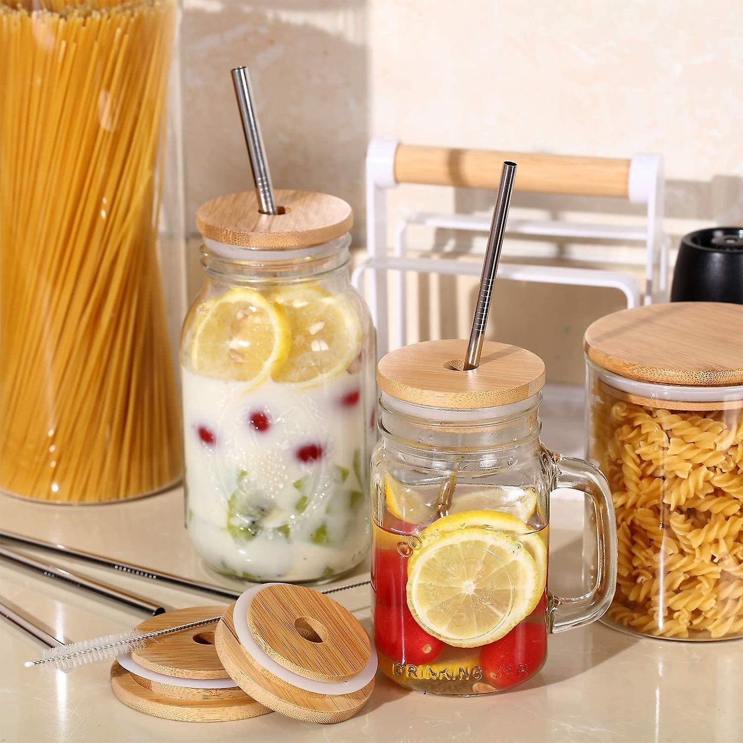 Bamboo Mason Bottle Caps with Holes,for 70mm Mouth Mason Jars 4pcs