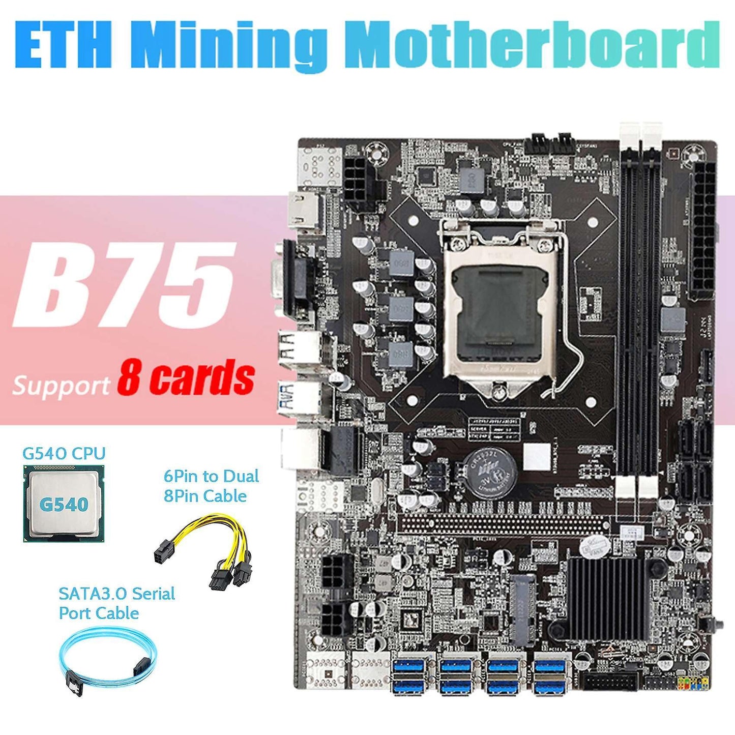 B75 Eth Mining Motherboard 8xpcie to Usb+g540 Cpu+sata3.0 Serial Port