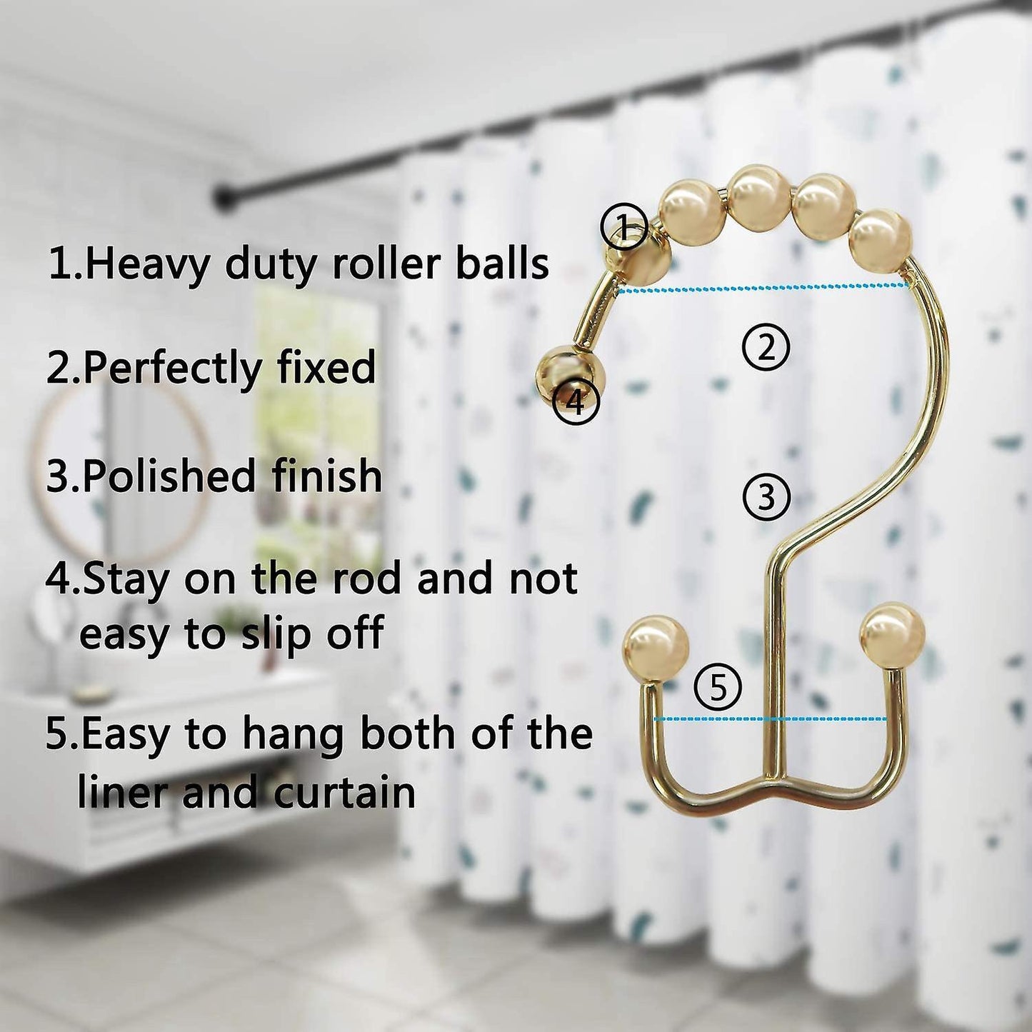 Shower Curtain Rings Hook Set Of 12,rust Proof Double Glide Roller