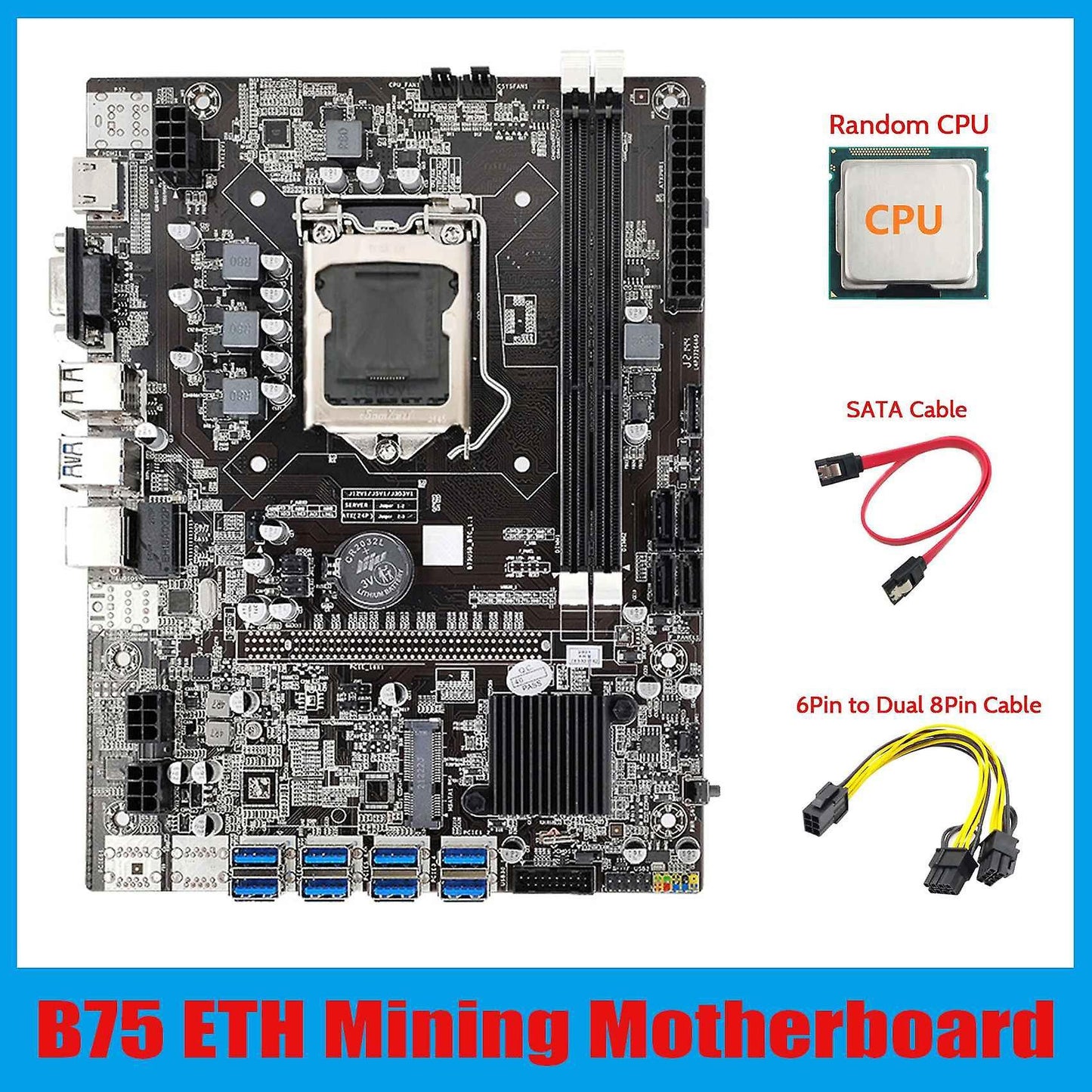 B75 Eth Mining Motherboard+cpu+6pin to Dual 8pin Cable+sata Cable