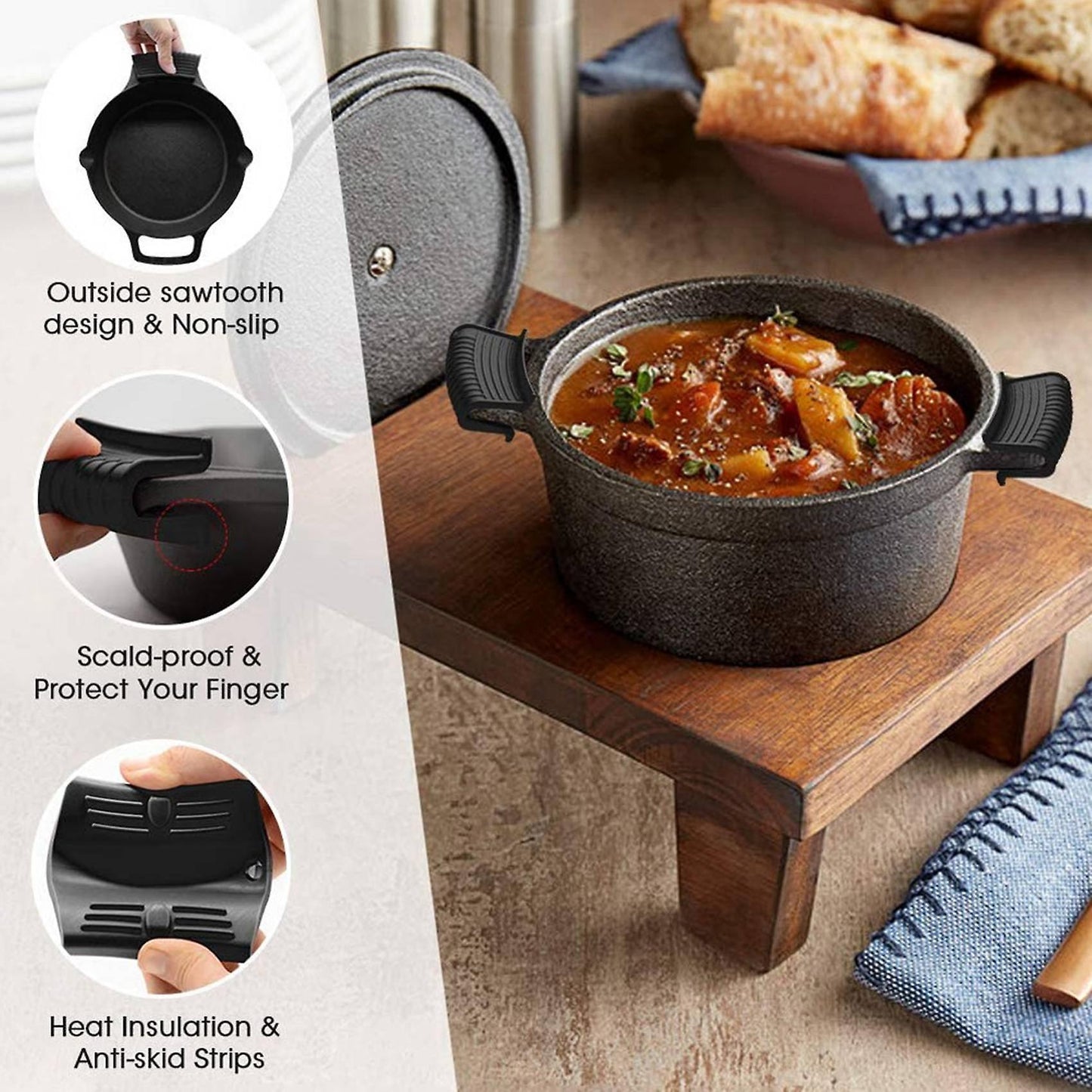 Silicone Pan Handle Cover Ear Clip Cast Iron Handle Holder,black,6pcs