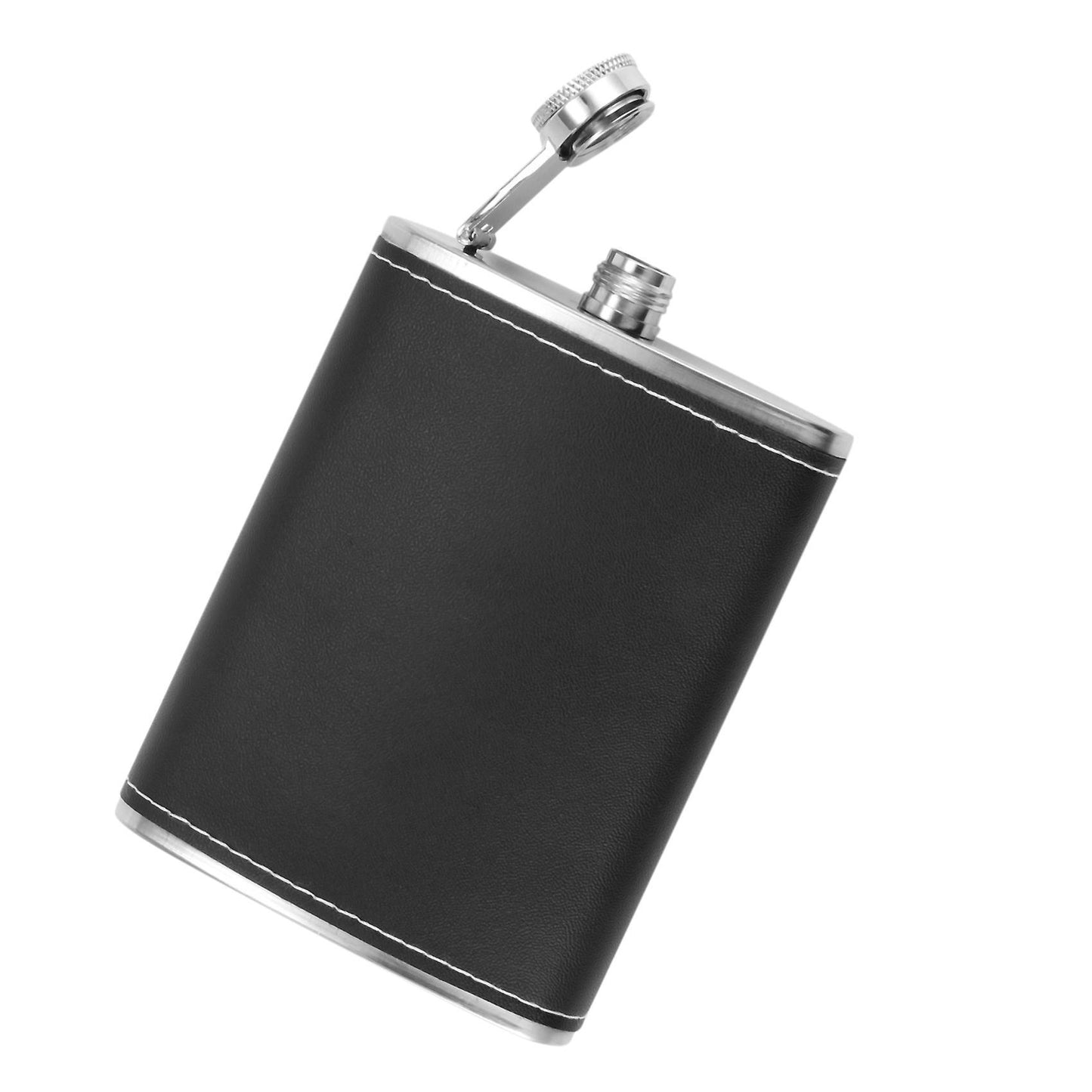 Pocket Hip Flask 8 Oz with Funnel Stainless Steel with Black Leather