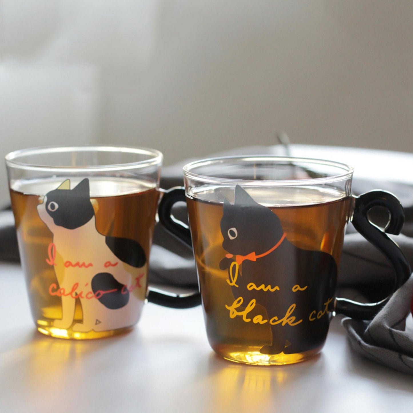 Cute Kitty Glass Water Cup Cat Tail Handle Coffee Fruit Juice -white