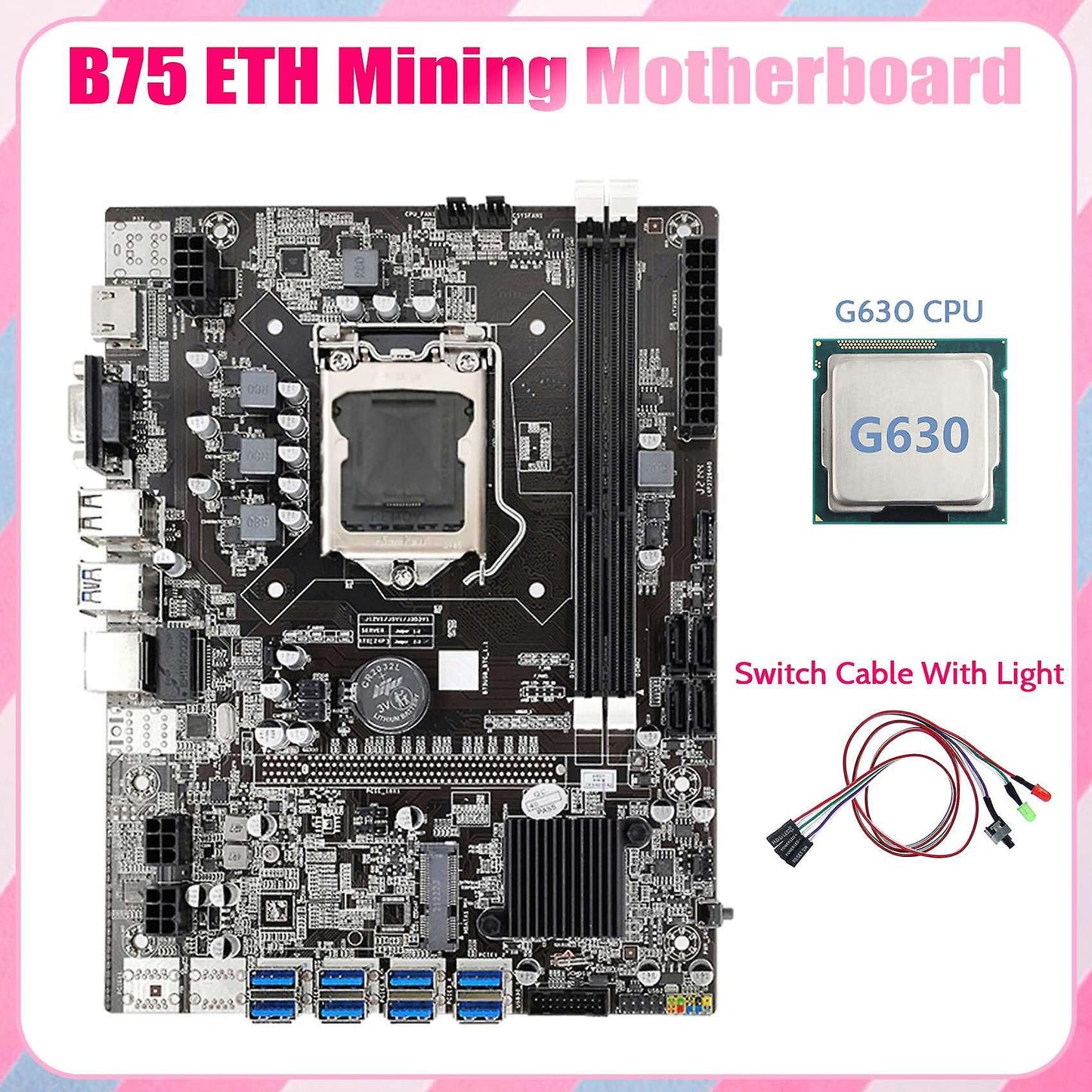 B75 Eth Mining Motherboard 8xpcie Usb Adapter+g630 Cpu+switch Cable