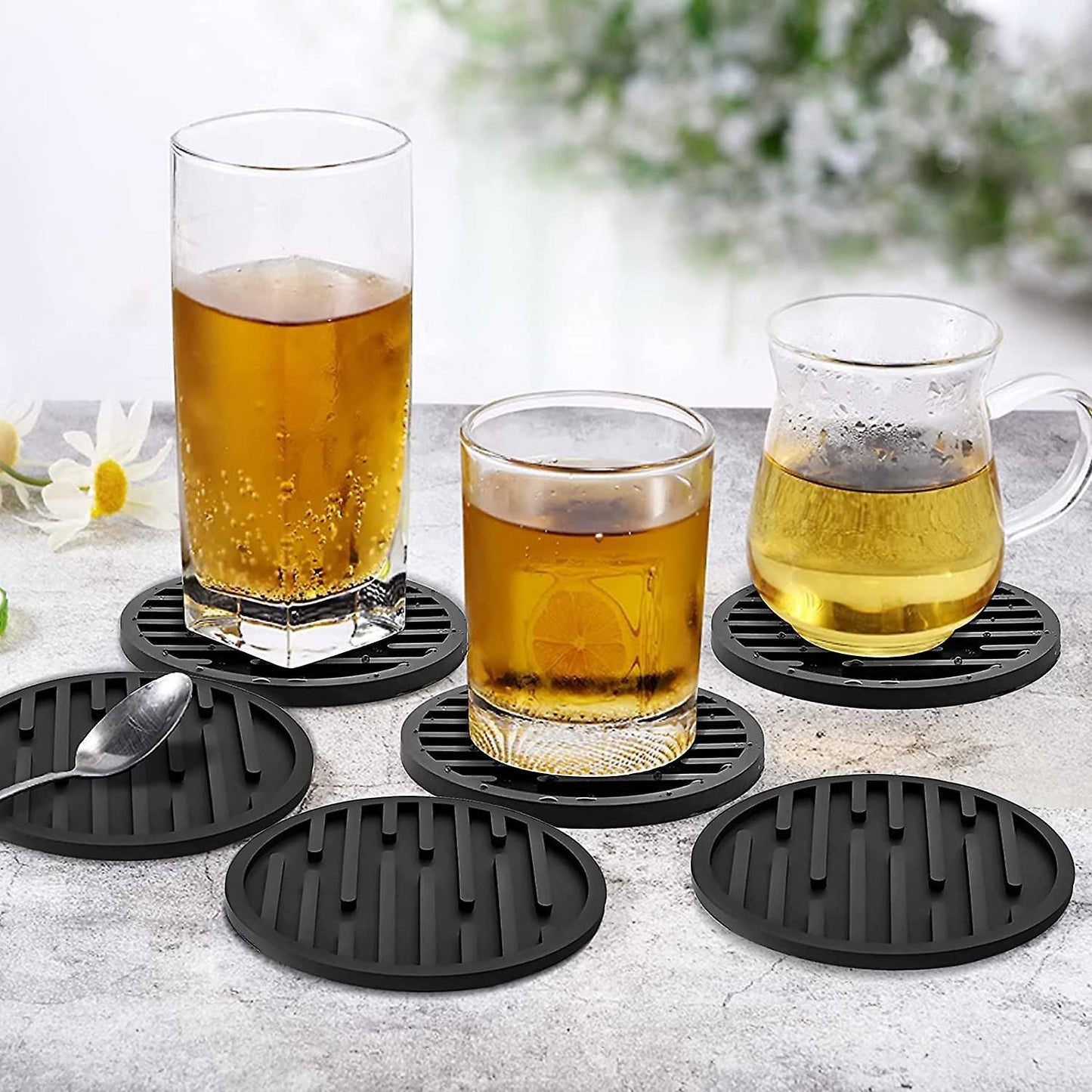 Coasters for Drinks, Silicone Coaster Sets Of 6 with Holder, Gray