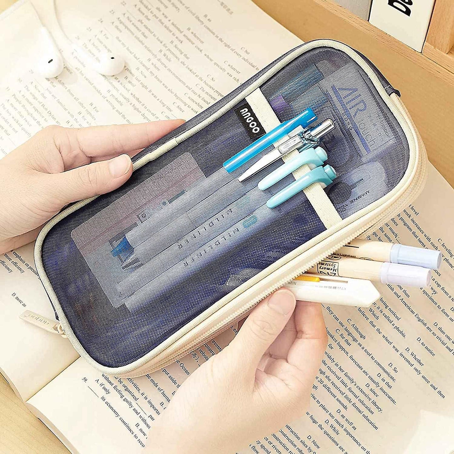 Angoo Grid Mesh Pen Pencil Case with Zipper Clear Makeup(beige Blue)