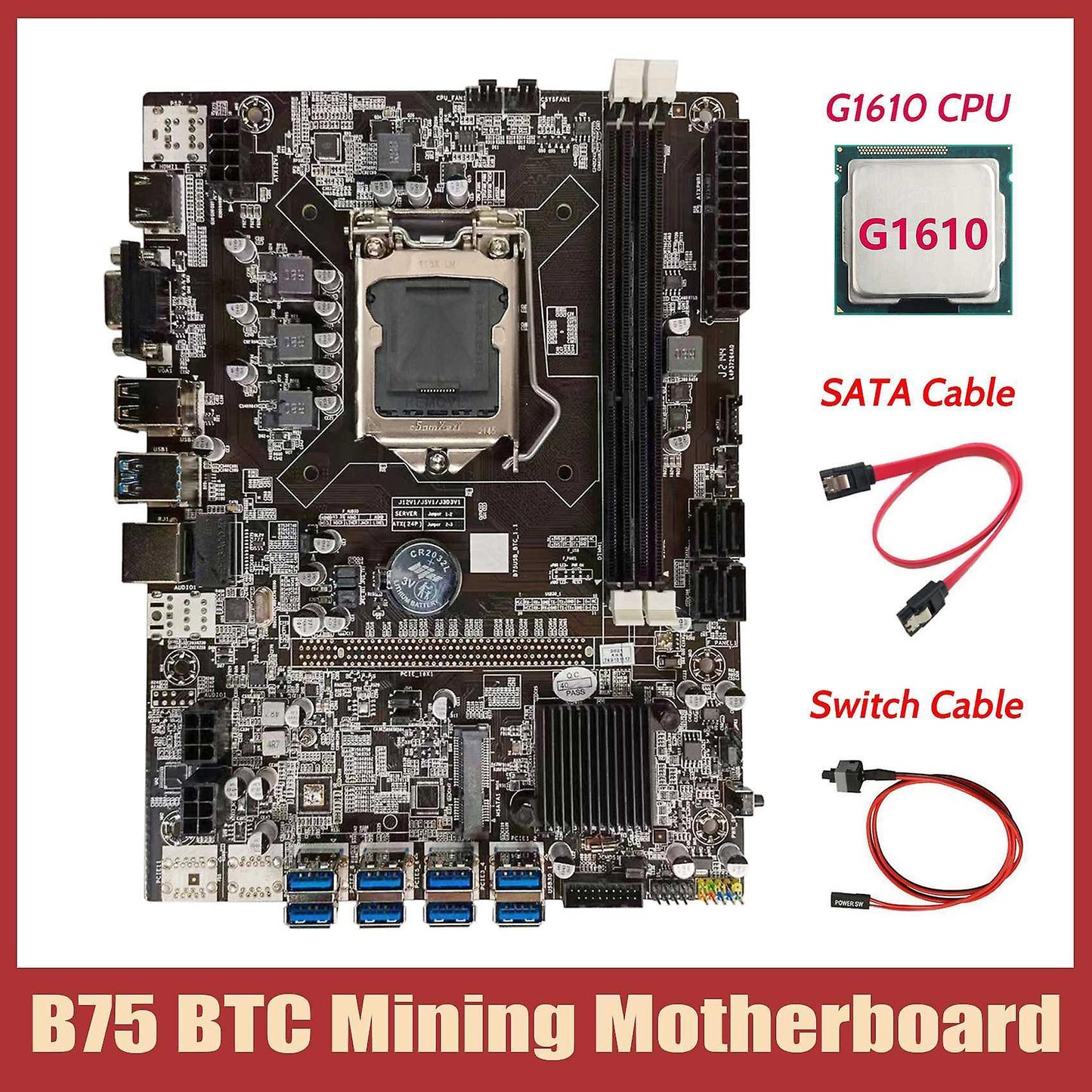 B75 Btc Mining Motherboard+g1610 Cpu+sata Cable+switch Cable Lga1155