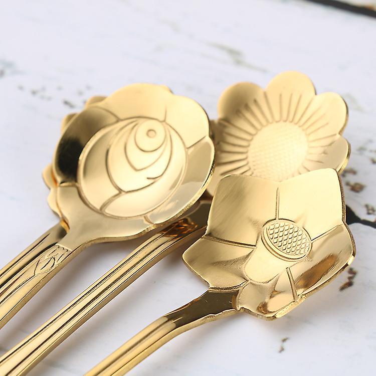 4pcs Cute Stainless Steel Flower Teaspoon Dessert Coffee Spoon Gold