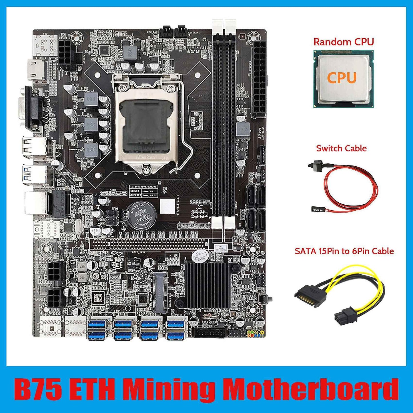 B75 Eth Mining Motherboard 8xpcie Usb Adapter+cpu+sata 15pin to 6pin