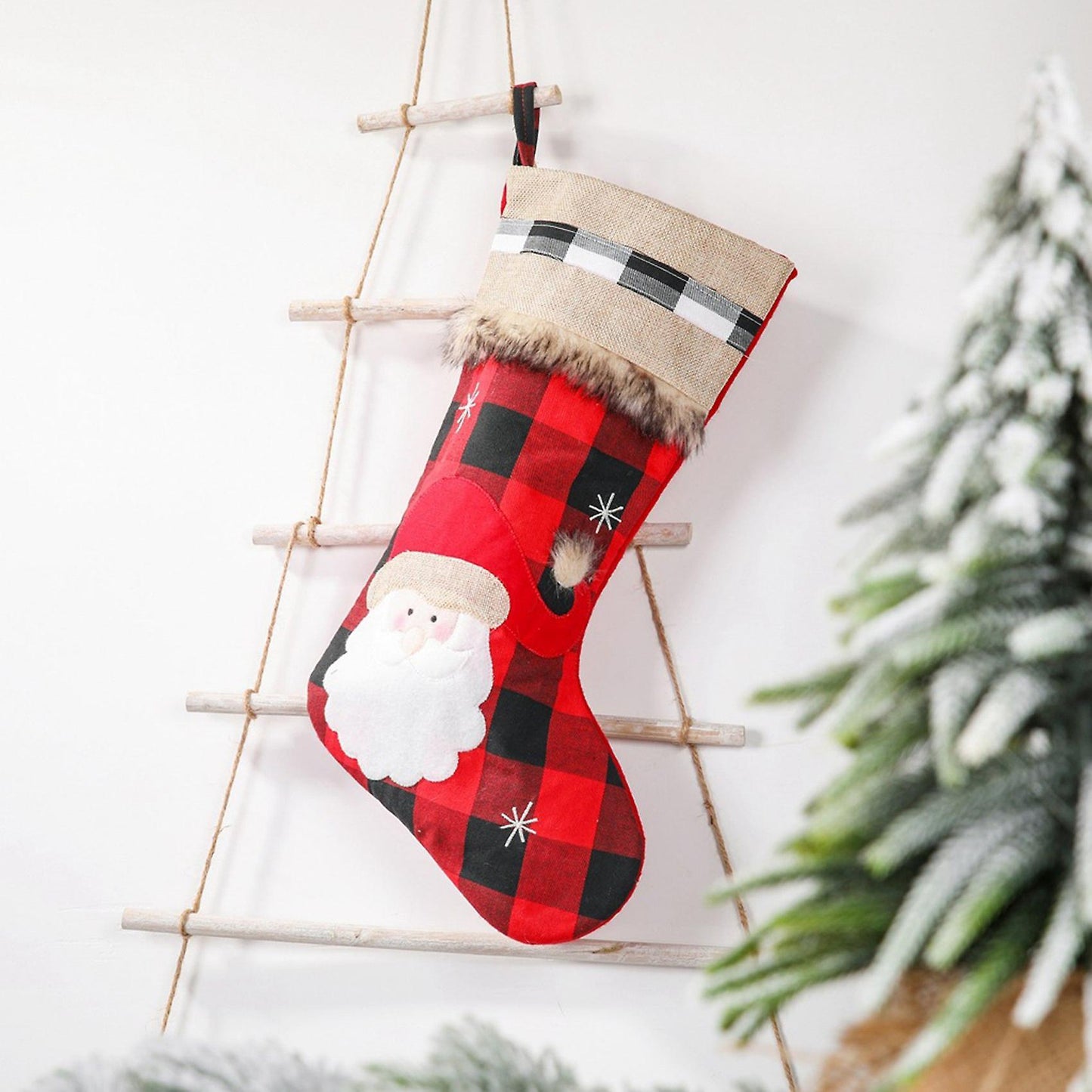 Christmas Home Decor Socks, Red Black Plaid, Gift Bags Santa Claus