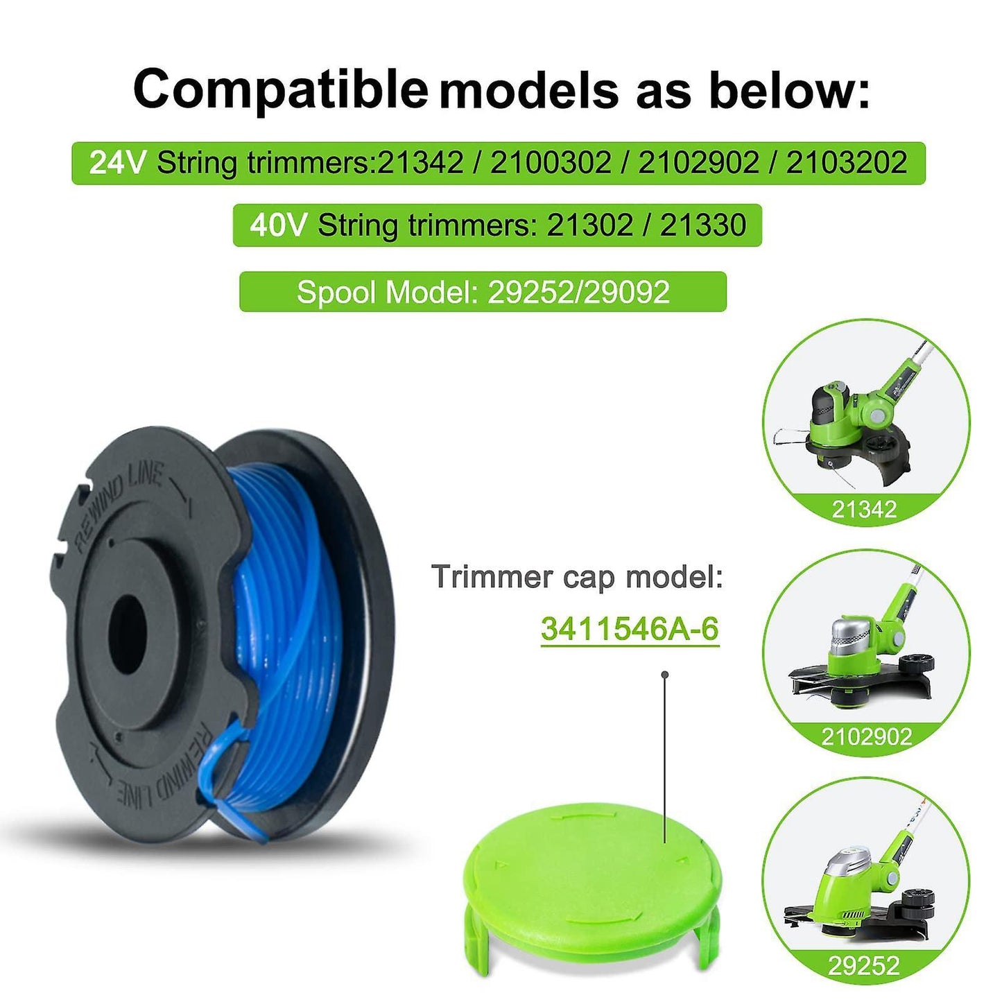 String Trimmer Spool for Greenworks 20v 24v 40v 80v (4 Spool, 1 Cap)