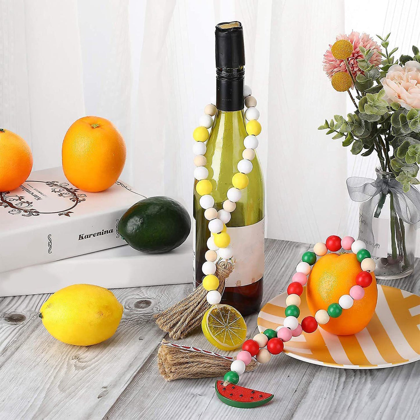 2pcs Fruit Wood Beaded Garland with Rustic Tassels,lemon with Tassels
