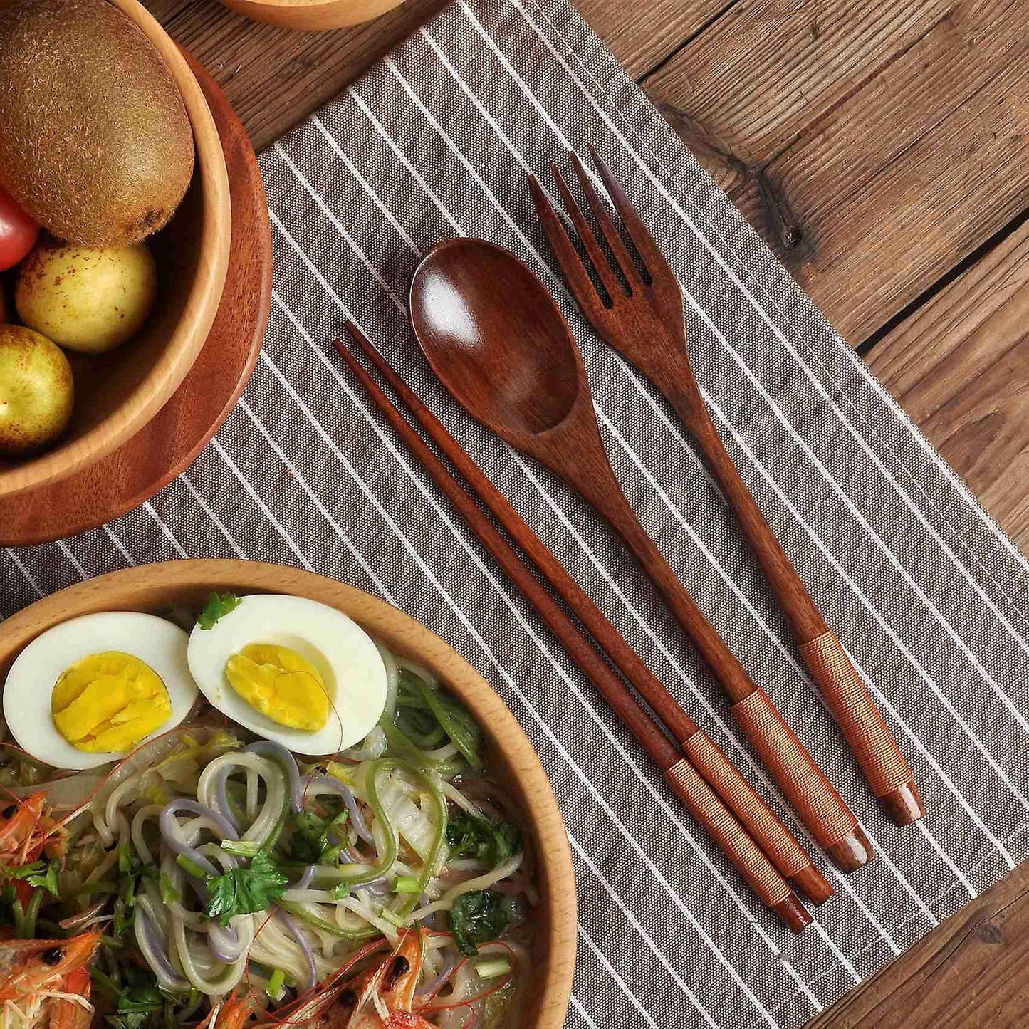 Wooden Flatware Set, Eco Friendly Portable Set Spoon Fork Chopsticks