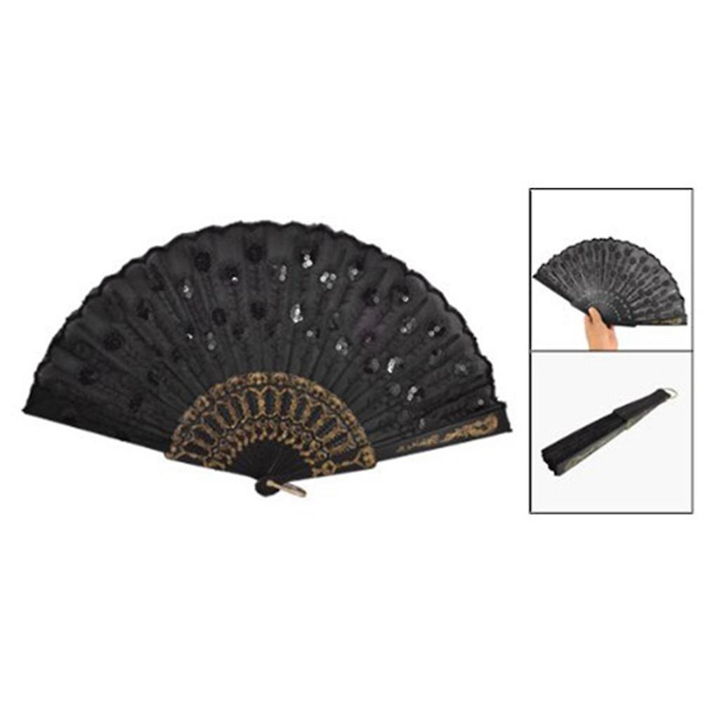 2x Black Plastic Frame Embroidery Floral Detail Folding Hand Fan