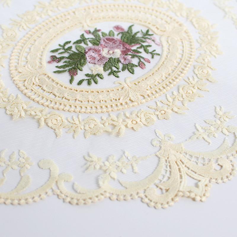 European Oval Embroidered Lace Fabric Transparent Table Mat Beige