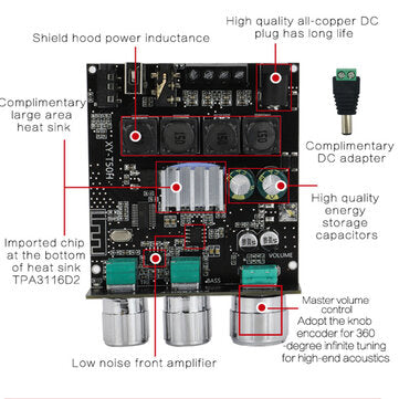 XY-T50H TPA3116D2 50W+50W bluetooth 5.0 Stereo Digital Power HIFI Amplifier Module APP Control with