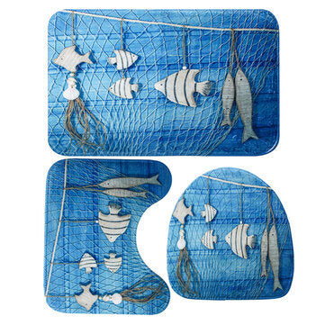 Ocean Style Waterproof Shower Curtain Hanging Shell Fish Decorative Bathroom ... (MAT PACKAGE: 3PCS)