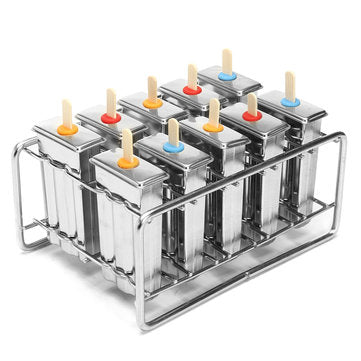 10 Molds Stainless Steel Ice Cream Popsicle Mold Lolly Popsicle w/ 100Pcs Stick Holder (TYPE: C)