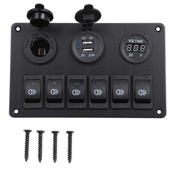 6 Gang Blue LED Rocker Switch Panel Car Marine Boat Circuit Dual USB Waterproof