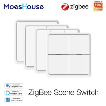 MoesHouse 4 Gang Tuya ZB Wireless 12 Scene Switch Push Button Controller Battery Powered Automation