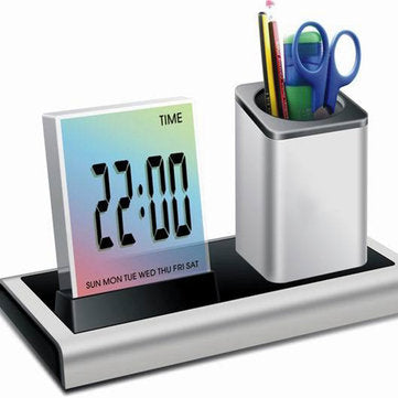 DX-222 Colorful Black Digital LED Desk Alarm Clock Mesh Pen Holder Calendar Timer Thermometer