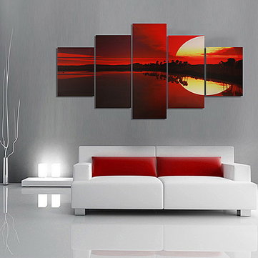 5PCS Frameless Canvas Painting Red Dusk Lakeside Picture Modern Wall Art Home Decor