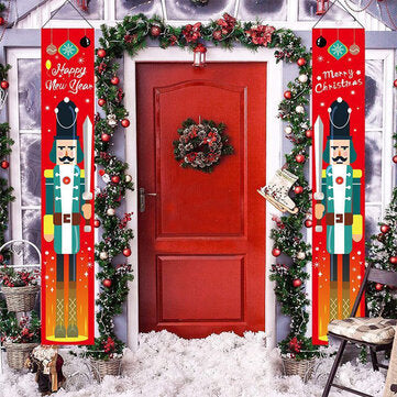1 Pair Christmas Banner Red Green Nutcracker Soldier Pattern Couplet For Christmas Door Decoration