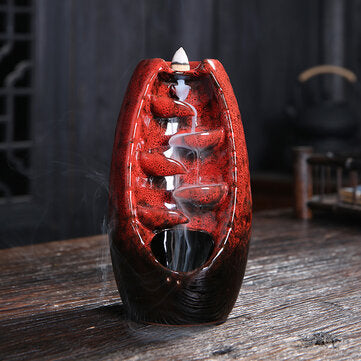Handicraft Mountain River Incense Holder Ceramic Backwards Waterfall Smoke Incense B... (COLOR: RED)