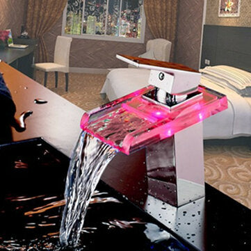 Bathroom LED Waterfall Faucet Sink Hot Cold Mixer Tap Temperature Control Light Tap