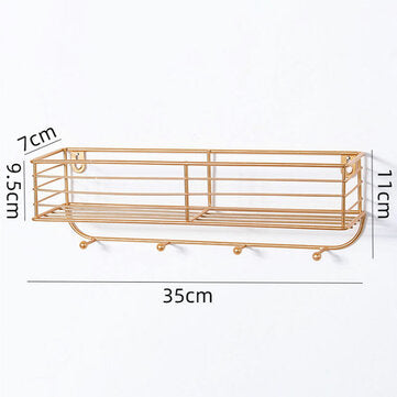 Wall Mounted Shelf Wire Rack Storage shelves W/ Hook Basket Key Hanging Hanger (COLOR: GOLD)