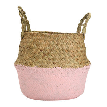 5PCS Mat Grass Belly Basket Storage Plant Pot Foldable Laundry Bag Room Decorative... (COLOR.: PINK)