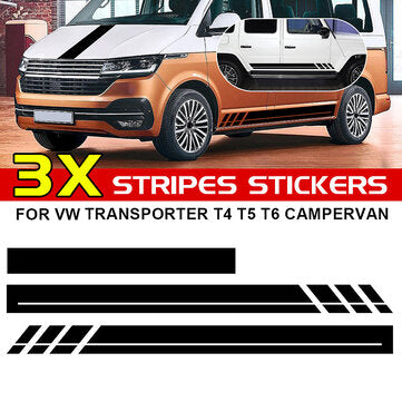 3PCS Side Body Stripes Hood Stickers Decals For VW Transporter T4 T5 T6 Campervan (COLOR.: BLACK)