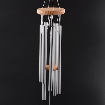 6 Silver Tubes Wood Wind Chimes Home Garden Yard Windbells Decor